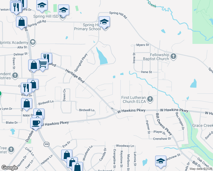 map of restaurants, bars, coffee shops, grocery stores, and more near 3823 Fernridge Drive in Longview