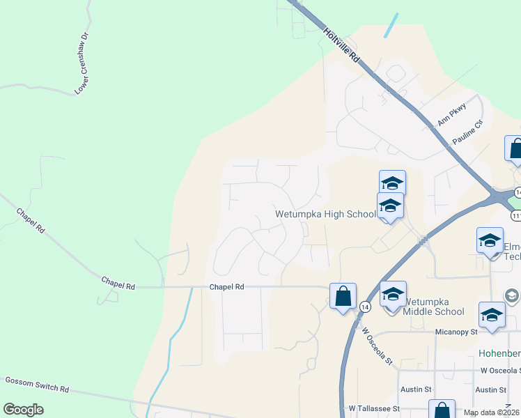 map of restaurants, bars, coffee shops, grocery stores, and more near 54 Drew Court in Wetumpka