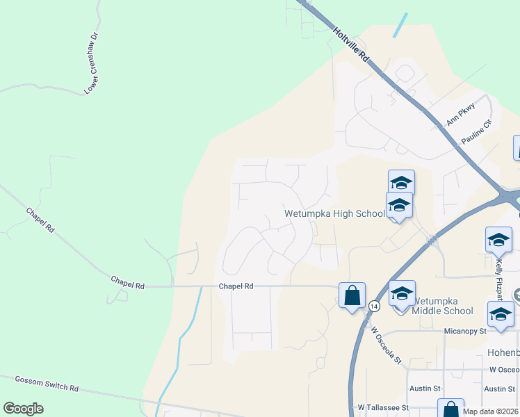 map of restaurants, bars, coffee shops, grocery stores, and more near 63 Drew Court in Wetumpka