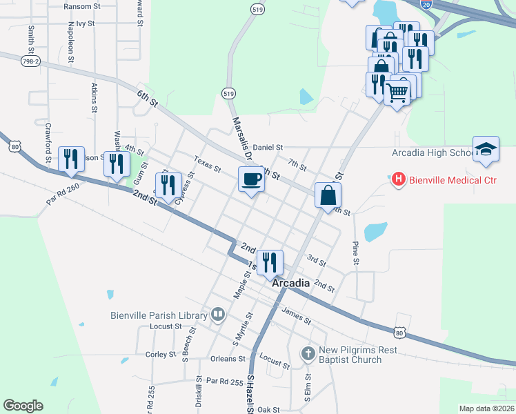 map of restaurants, bars, coffee shops, grocery stores, and more near 2064 4th Street in Arcadia