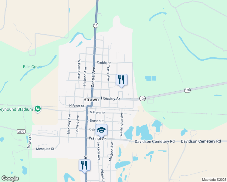 map of restaurants, bars, coffee shops, grocery stores, and more near 221 Woodlawn Avenue in Strawn