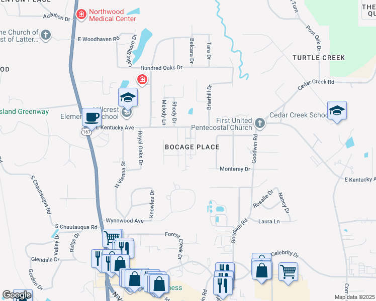 map of restaurants, bars, coffee shops, grocery stores, and more near 2305 Bocage Place in Ruston