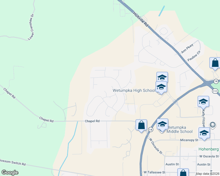 map of restaurants, bars, coffee shops, grocery stores, and more near 176 Barnes Court in Wetumpka