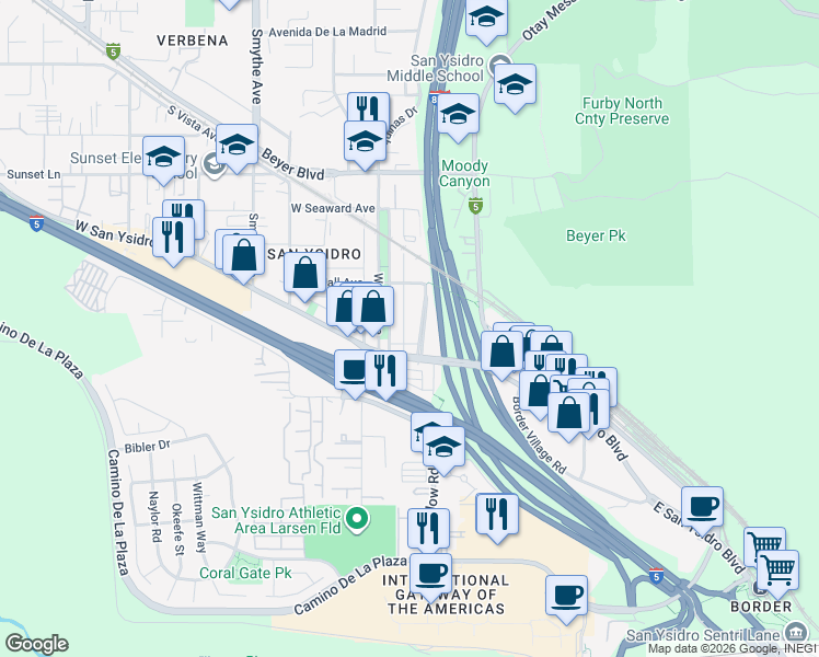 map of restaurants, bars, coffee shops, grocery stores, and more near 112 East Park Avenue in San Diego
