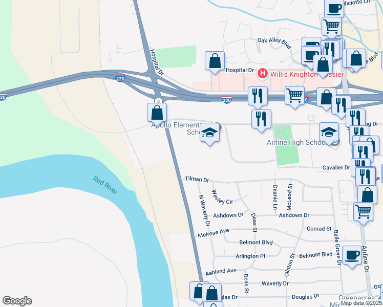 map of restaurants, bars, coffee shops, grocery stores, and more near 2604 Benton Road in Bossier City