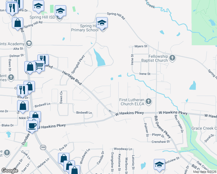 map of restaurants, bars, coffee shops, grocery stores, and more near 3823 Fernridge Drive in Longview
