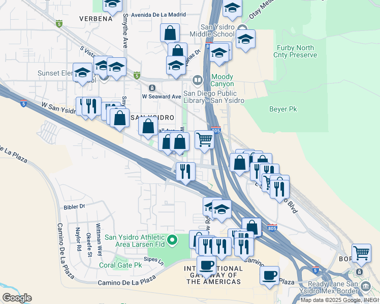 map of restaurants, bars, coffee shops, grocery stores, and more near 112 East Park Avenue in San Diego