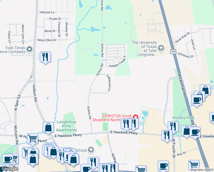 map of restaurants, bars, coffee shops, grocery stores, and more near 19 Tallwood Lane in Longview