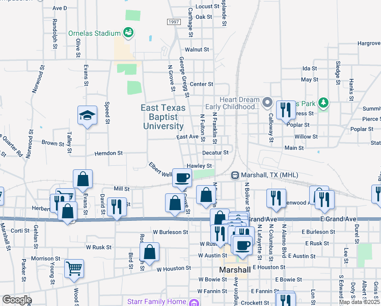 map of restaurants, bars, coffee shops, grocery stores, and more near 507 Decatur Street in Marshall