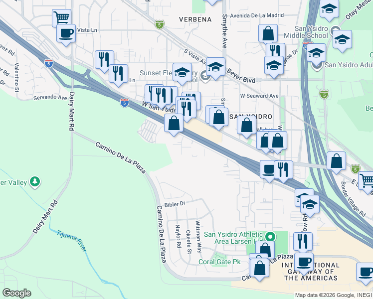 map of restaurants, bars, coffee shops, grocery stores, and more near 2345 Via Segundo in San Diego
