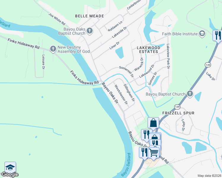 map of restaurants, bars, coffee shops, grocery stores, and more near 424 Bayou Oaks Drive in Monroe