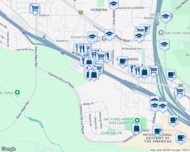 map of restaurants, bars, coffee shops, grocery stores, and more near 2345 Via Segundo in San Diego