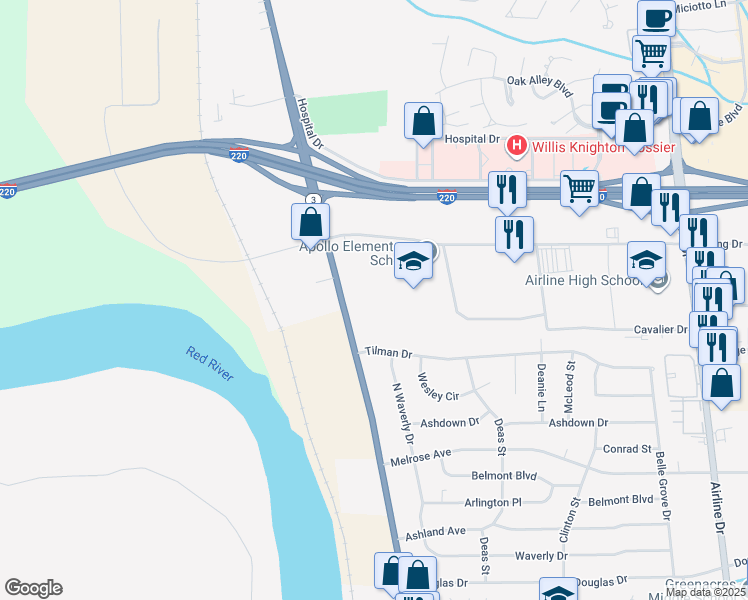 map of restaurants, bars, coffee shops, grocery stores, and more near 2604 Benton Road in Bossier City