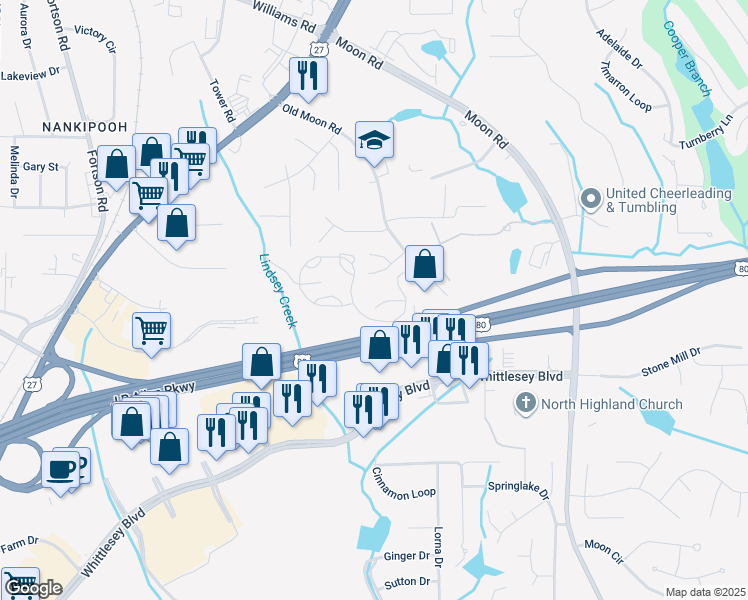 map of restaurants, bars, coffee shops, grocery stores, and more near 7375 Old Moon Road in Columbus