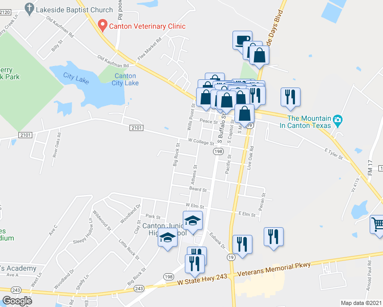 map of restaurants, bars, coffee shops, grocery stores, and more near 330 Prairieville Street in Canton