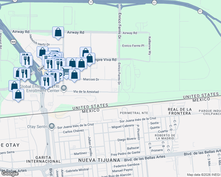 map of restaurants, bars, coffee shops, grocery stores, and more near 10050 Via de la Amistad in San Diego