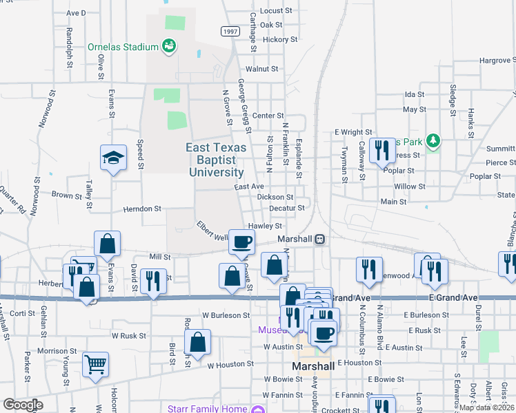 map of restaurants, bars, coffee shops, grocery stores, and more near 507 Decatur Street in Marshall