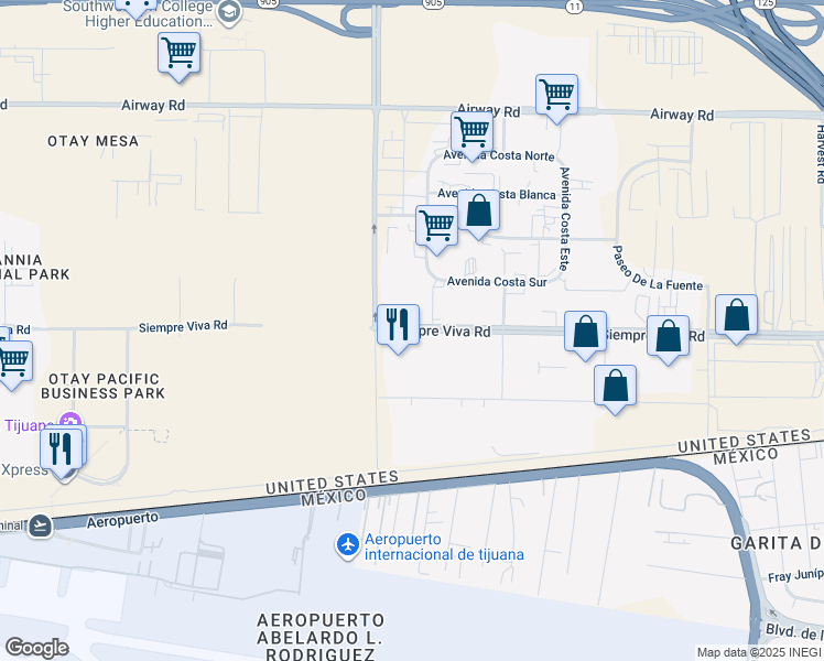 map of restaurants, bars, coffee shops, grocery stores, and more near Siempre Viva Road in San Diego