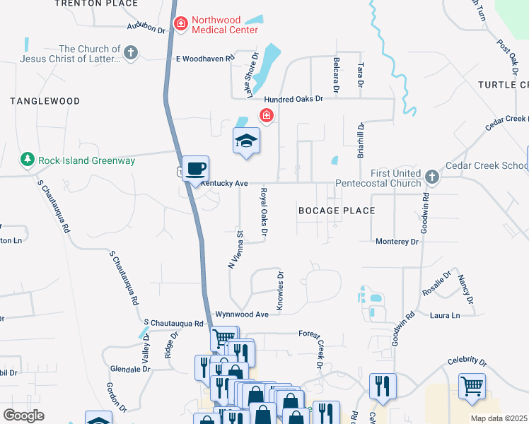 map of restaurants, bars, coffee shops, grocery stores, and more near 2313 Royal Oaks Drive in Ruston
