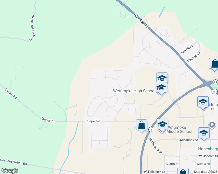 map of restaurants, bars, coffee shops, grocery stores, and more near 54 Drew Court in Wetumpka