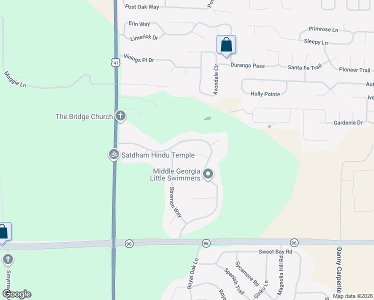 map of restaurants, bars, coffee shops, grocery stores, and more near 108 Rachael Lane in Warner Robins