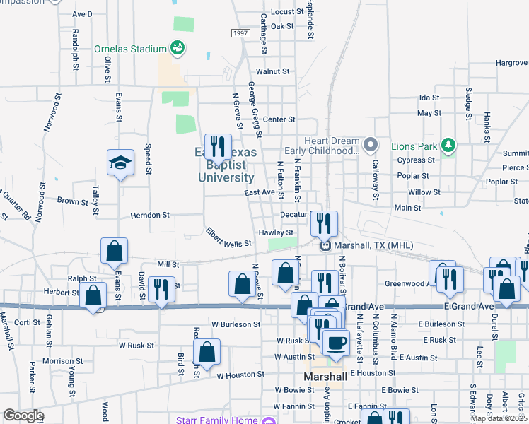 map of restaurants, bars, coffee shops, grocery stores, and more near 507 Decatur Street in Marshall