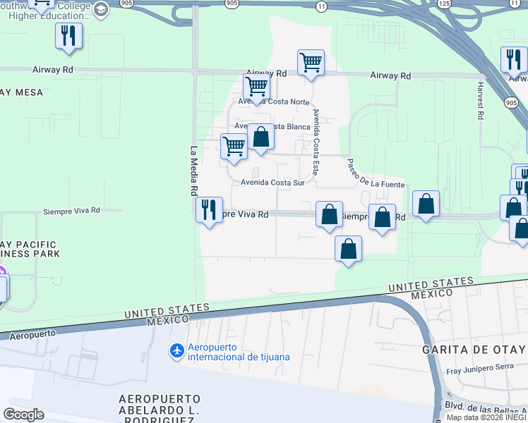 map of restaurants, bars, coffee shops, grocery stores, and more near Siempre Viva Road in San Diego