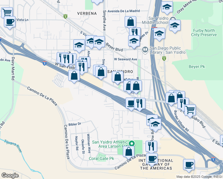 map of restaurants, bars, coffee shops, grocery stores, and more near 198 West San Ysidro Boulevard in San Diego