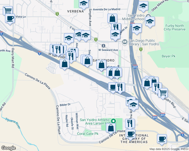 map of restaurants, bars, coffee shops, grocery stores, and more near 198 West San Ysidro Boulevard in San Diego
