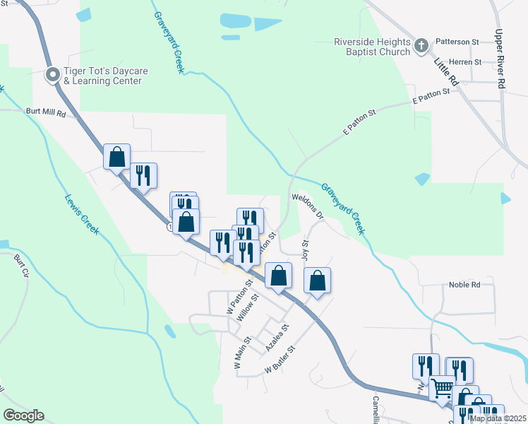 map of restaurants, bars, coffee shops, grocery stores, and more near East Patton Street in Tallassee