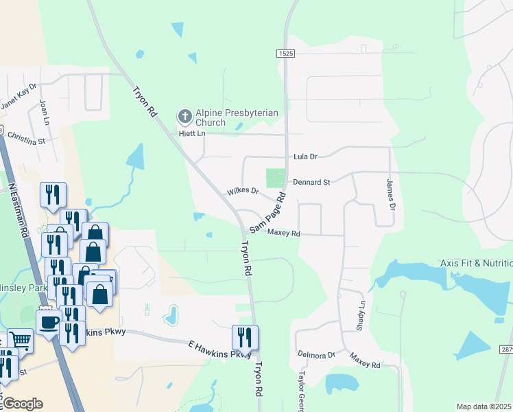 map of restaurants, bars, coffee shops, grocery stores, and more near 103 Dickard Trail in Longview