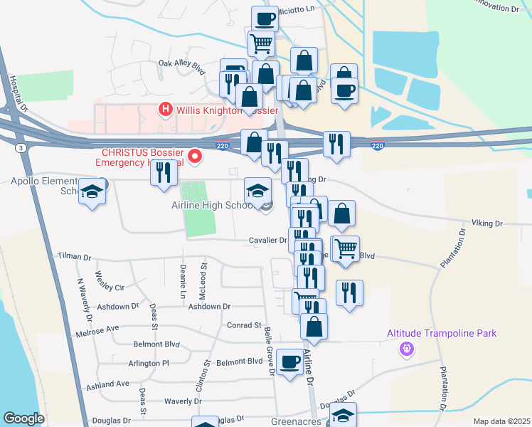 map of restaurants, bars, coffee shops, grocery stores, and more near 2801 Airline Drive in Bossier City