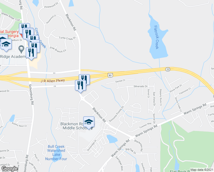 map of restaurants, bars, coffee shops, grocery stores, and more near 8011 Santee Court in Columbus