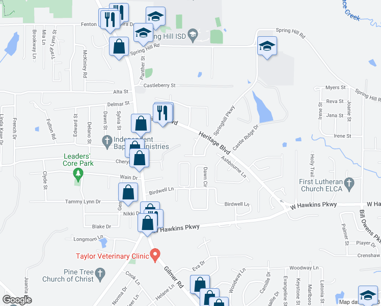 map of restaurants, bars, coffee shops, grocery stores, and more near 3111 Rouncival Drive in Longview