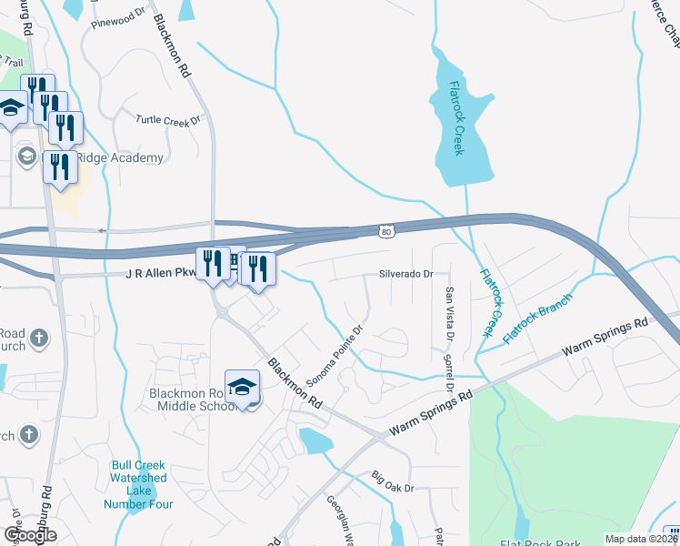 map of restaurants, bars, coffee shops, grocery stores, and more near 8018 Silverado Drive in Columbus