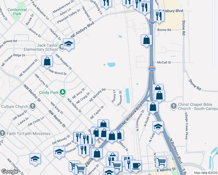 map of restaurants, bars, coffee shops, grocery stores, and more near 428 Northeast Murphy Road in Burleson