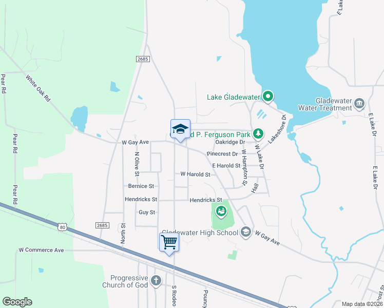map of restaurants, bars, coffee shops, grocery stores, and more near 2503 West Gay Avenue in Gladewater
