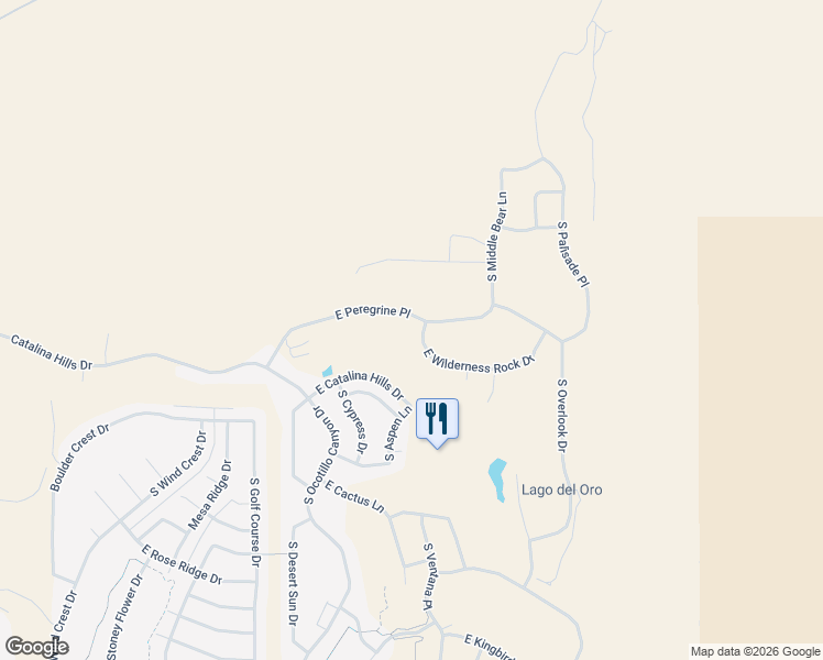 map of restaurants, bars, coffee shops, grocery stores, and more near 66517 East Peregrine Place in Tucson
