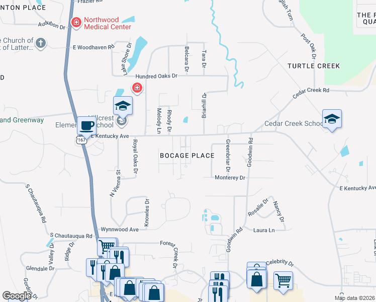 map of restaurants, bars, coffee shops, grocery stores, and more near 2305 Bocage Place in Ruston