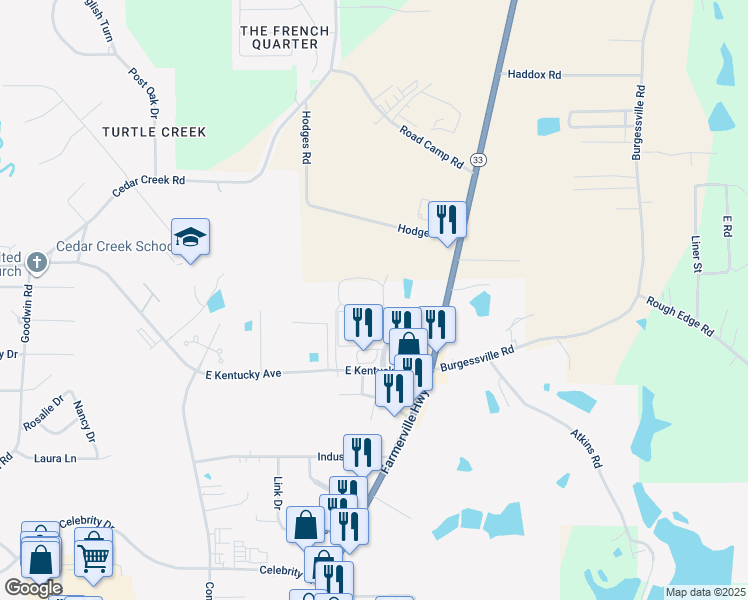 map of restaurants, bars, coffee shops, grocery stores, and more near 2106 Timberline Court in Ruston
