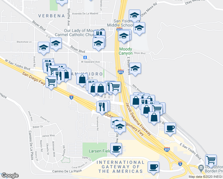 map of restaurants, bars, coffee shops, grocery stores, and more near 133 West Olive Drive in San Diego