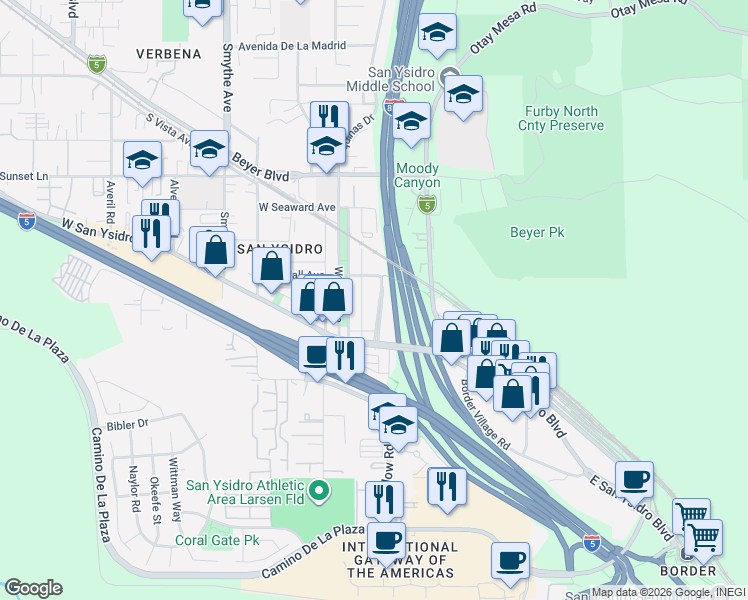 map of restaurants, bars, coffee shops, grocery stores, and more near 133 West Olive Drive in San Diego