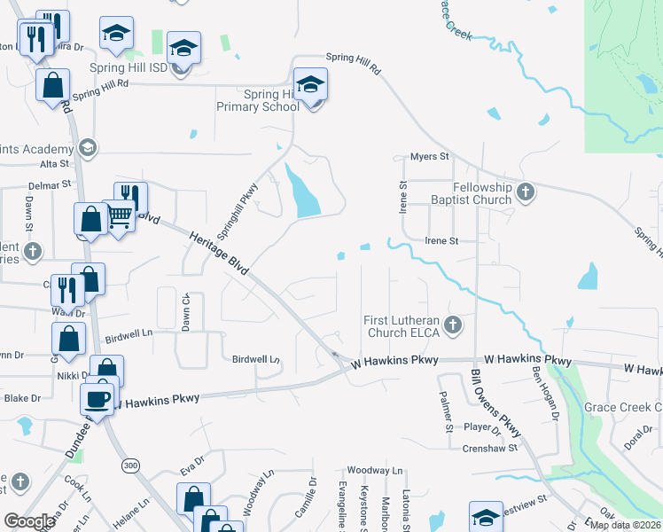 map of restaurants, bars, coffee shops, grocery stores, and more near 3903 Fernridge Drive in Longview