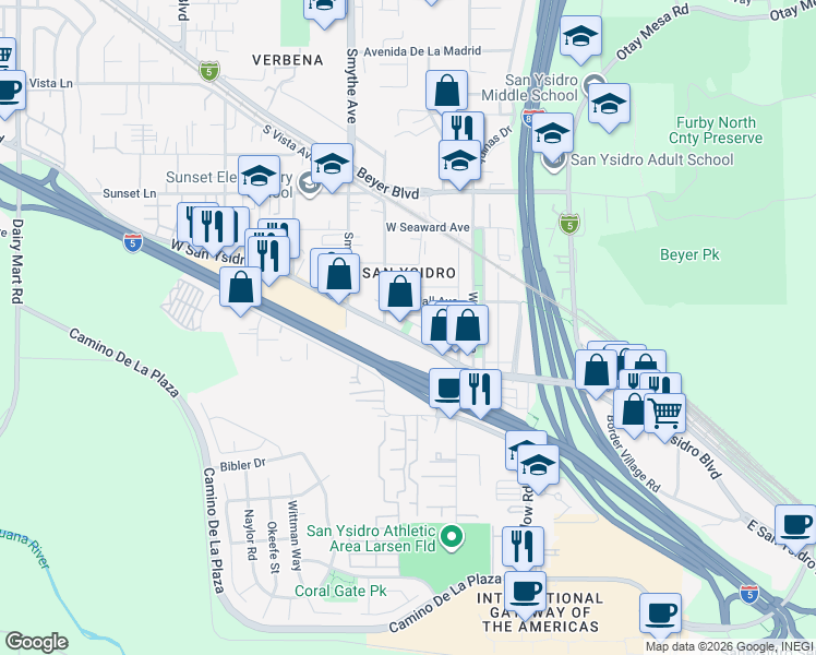 map of restaurants, bars, coffee shops, grocery stores, and more near 165 West San Ysidro Boulevard in San Diego
