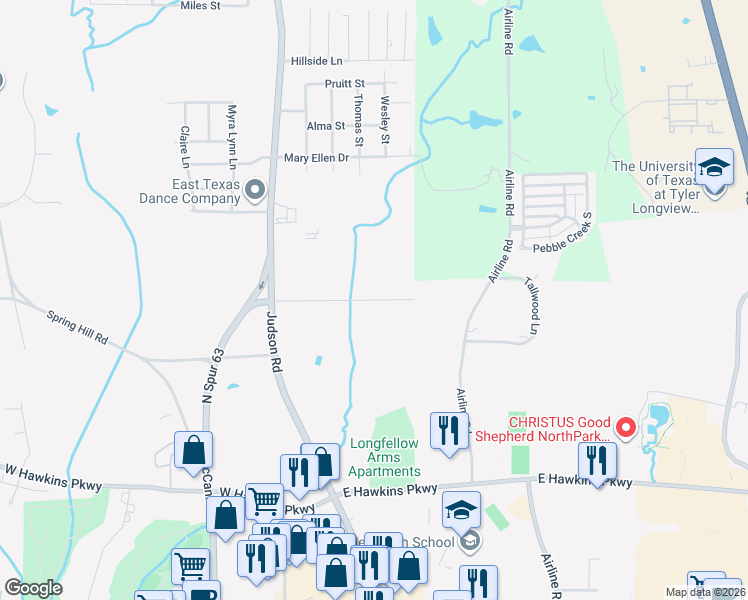 map of restaurants, bars, coffee shops, grocery stores, and more near 207 Hill Street in Longview