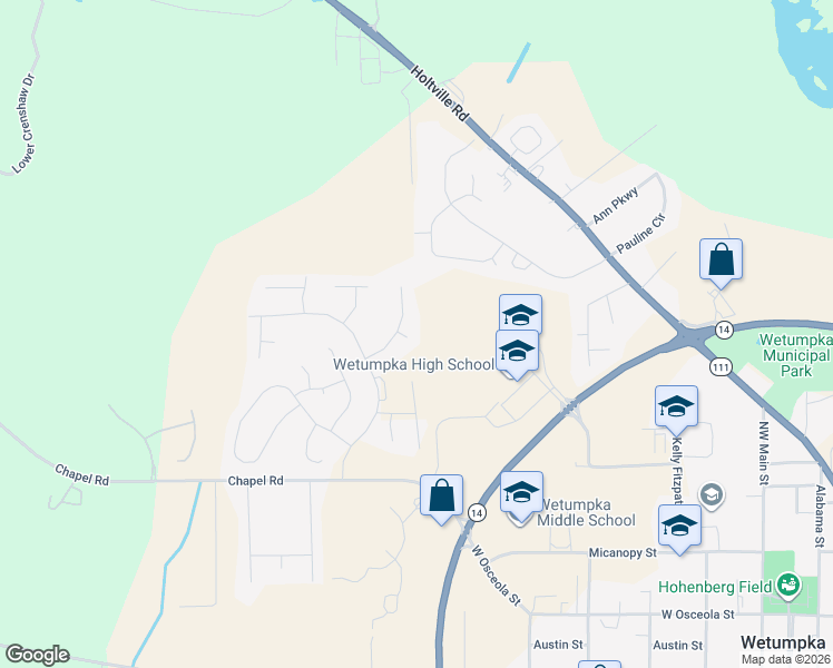 map of restaurants, bars, coffee shops, grocery stores, and more near 142 King Cotton Lane in Wetumpka