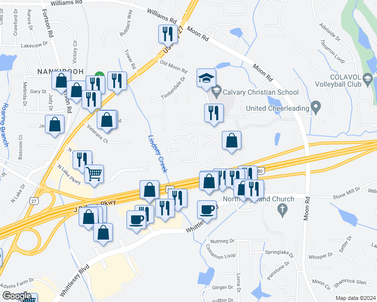 map of restaurants, bars, coffee shops, grocery stores, and more near 7375 Old Moon Road in Columbus