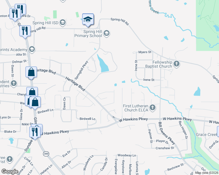 map of restaurants, bars, coffee shops, grocery stores, and more near 3903 Fernridge Drive in Longview