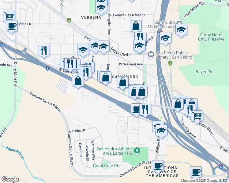 map of restaurants, bars, coffee shops, grocery stores, and more near 202 West San Ysidro Boulevard in San Diego
