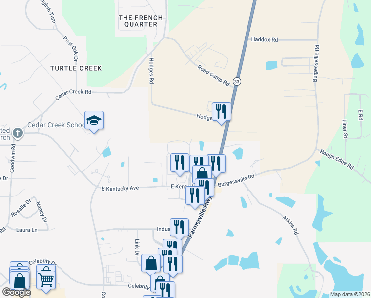 map of restaurants, bars, coffee shops, grocery stores, and more near 2306 Timberline Court in Ruston